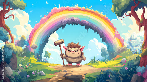 Grumpy chibi troll with a club under a rainbow bridge in a magical fairy-tale world. Troll Bridge. Illustration