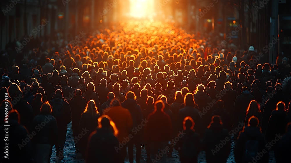 Obraz premium Silhouettes of a large crowd walking towards a bright light in the distance.