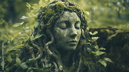 Guardian of nature. statue of a woman covered in green moss, plants and roots in the wood - nymph, dryad, fairy, mystical myth and legend, spirit of the forest. Nymph. Illustration