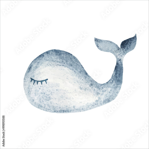 Cute blue little Whale. Watercolor Hand drawn illustration in Vintage style isolated on white background. Good for baby shower and birthday invitations, children textile prints, posters.