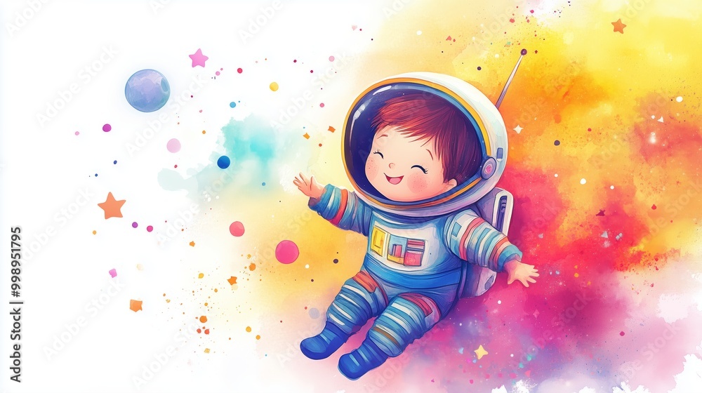 A joyful child in an astronaut suit floats through a colorful galaxy filled with stars A joyful child in an astronaut suit floats through a colorful galaxy filled with stars