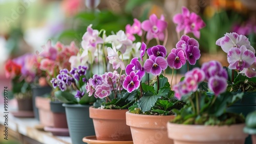 Bright, colorful potted flowers arranged on a wooden shelf in a garden center