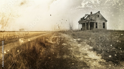 Abandoned Farmhouse on a Dusty Road in a Rural Landscape