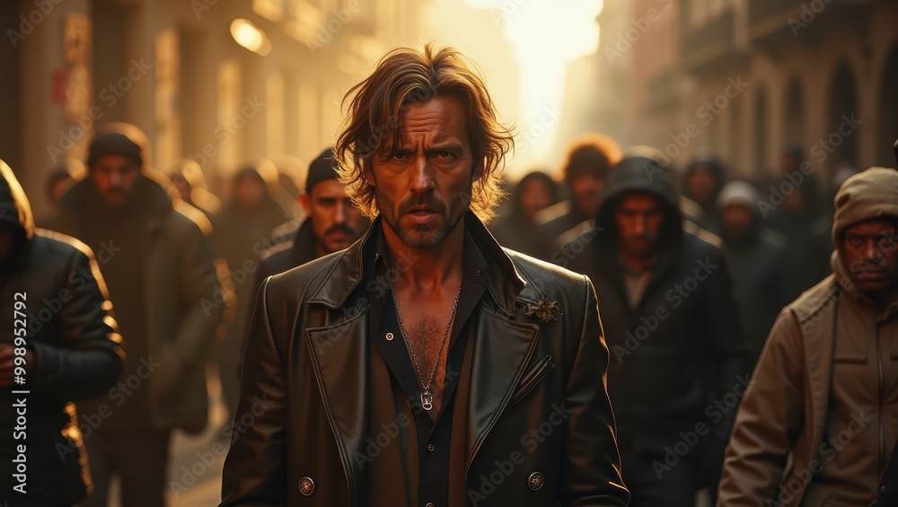 Mysterious Man Walking Through Crowded City Street Mysterious Man Walking Through Crowded City Street