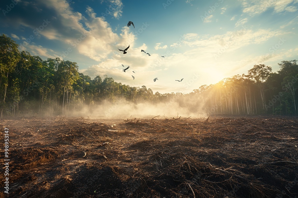 Fototapeta premium Misty deforested land at sunrise with birds flying.