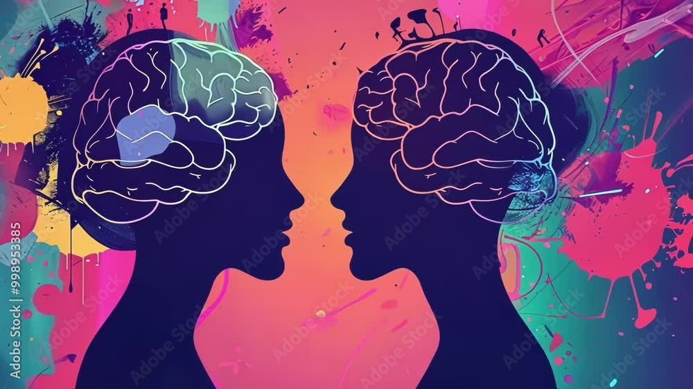 Two silhouettes facing each other with brains exposed and connected by ...