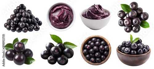 Acai Açaí berry berries fruit, many angles view top front heap pile bowl puree brazilian acai isolated on transparent background cutout, PNG file. Mockup template for artwork graphic design photo