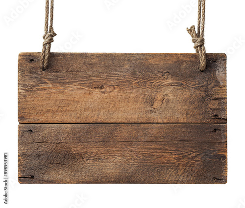 A rustic blank wooden board hanging on transparent background