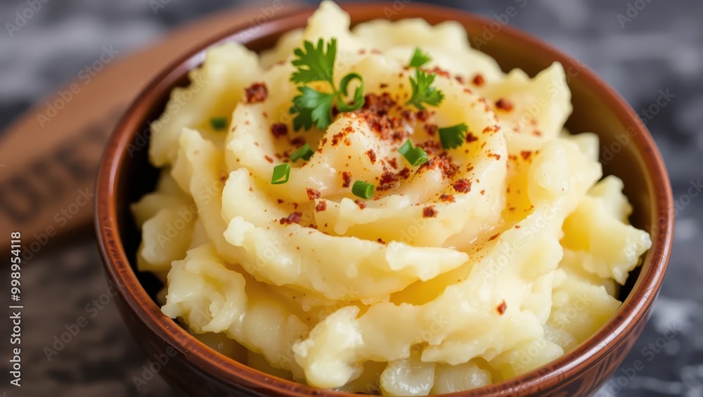 Close-up of Creamy Mashed Potatoes with Herbs and Spices Close-up of Creamy Mashed Potatoes with Herbs and Spices