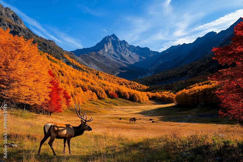 Wildlife in autumn mountains, such as deer or elk grazing in a valley surrounded by golden and red trees, with towering mountains in the distance Wildlife in autumn mountains, such as deer or elk grazing in a valley surrounded by golden and red trees, with towering mountains in the distance