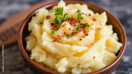 Close-up of Creamy Mashed Potatoes with Herbs and Spices