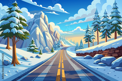 winter road covered with snow vector cartoon illustration, trees and sky, landscape background