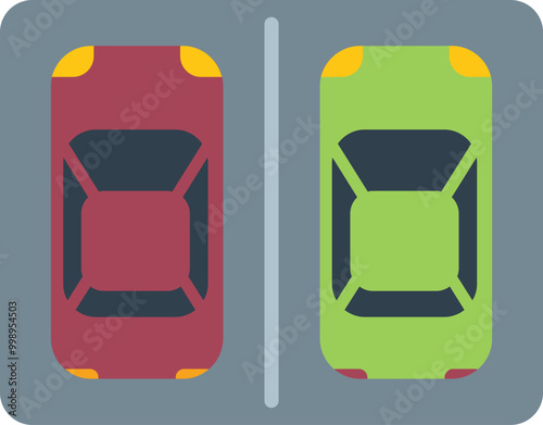 Simple vector illustration representing a parking lot with two cars occupying their parking spots, seen from above