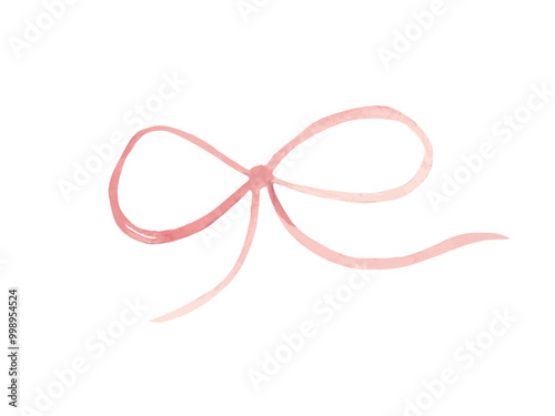 Pink bow. Hand drawn Watercolor illustration of thin Ribbon Isolated on a white background. Design Decorative element in Simple style