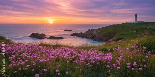 A beautiful sunset over the ocean with a lighthouse in the distance. The sky is filled with pink and orange hues, creating a serene and peaceful atmosphere