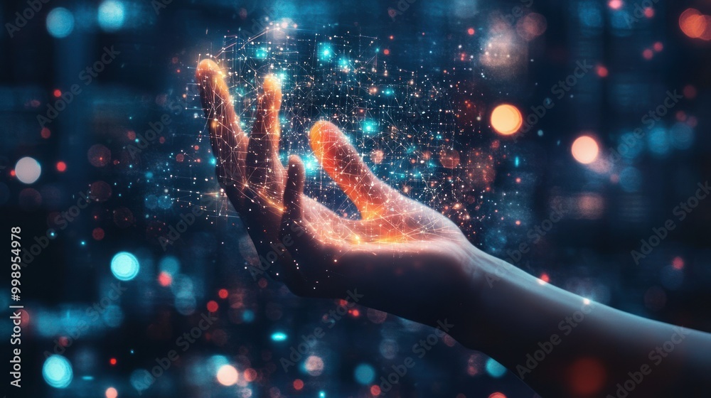 Hand Holding a Glowing Network of Lines and Dots Hand Holding a Glowing Network of Lines and Dots