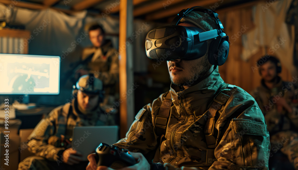 Military army soldier FPV drone pilot flying a drone in a bunker basement. Secret operation, weaponized modern technology, war strategy, aerial defense, assault Military army soldier FPV drone pilot flying a drone in a bunker basement. Secret operation, weaponized modern technology, war strategy, aerial defense, assault