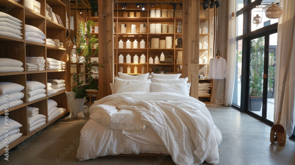 A visual of an organic bedding set collection in a showroom, focusing on comfort, health benefits, and environmental impact. A visual of an organic bedding set collection in a showroom, focusing on comfort, health benefits, and environmental impact.