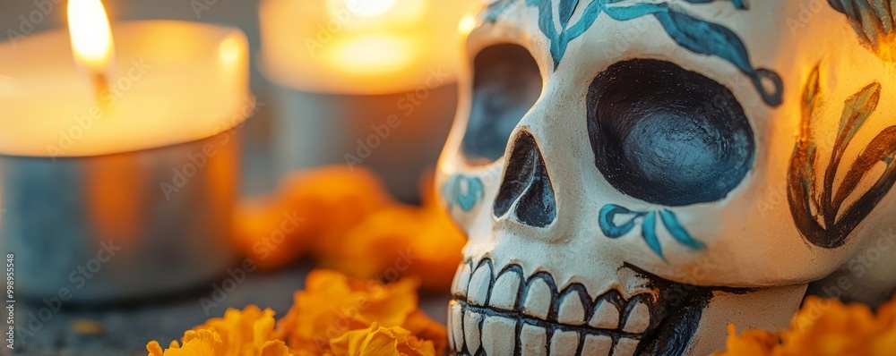 Fototapeta premium Traditional Mexican clay figurines representing the dead, placed on an altar with candles and marigold petals