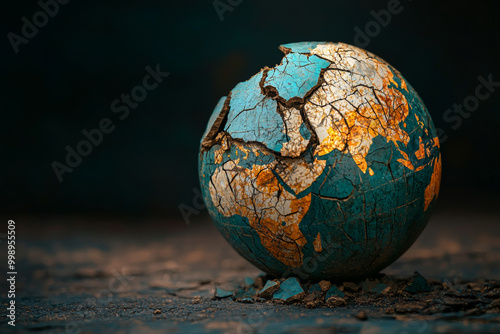 Fototapeta Naklejka Na Ścianę i Meble -  A cracked globe with trading routes symbolizes fragility of our world and interconnectedness of global trade. intricate details highlight beauty and vulnerability of our planet