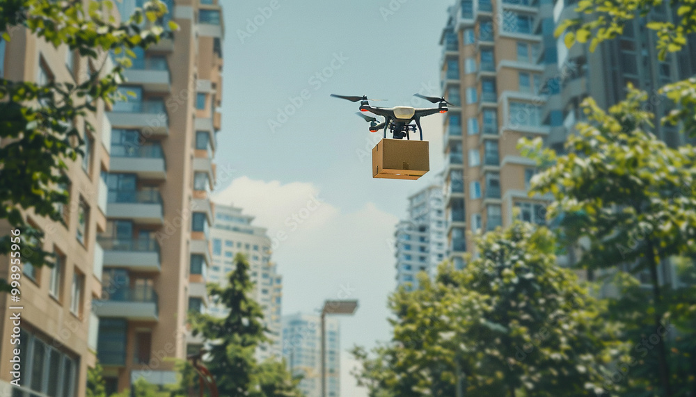 Commercial delivery drone delivering a package in a city. Copy space, modern technology innovation, aerial postage