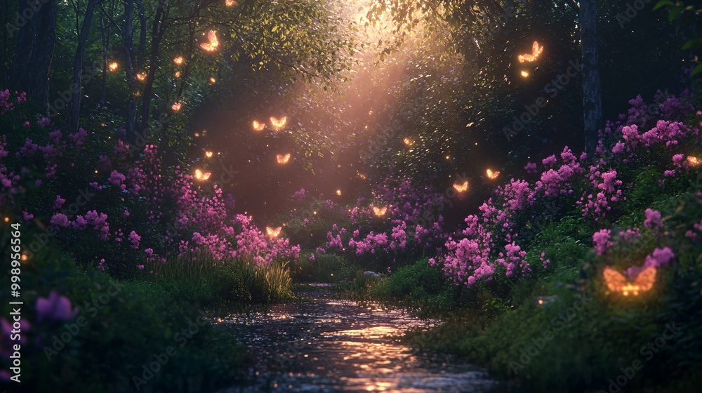 Magical Forest Stream with Glowing Butterflies and Purple Flowers Magical Forest Stream with Glowing Butterflies and Purple Flowers