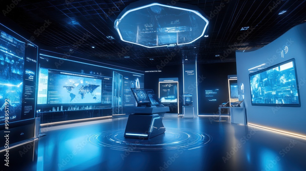 Futuristic Control Room with Screens Displaying Data