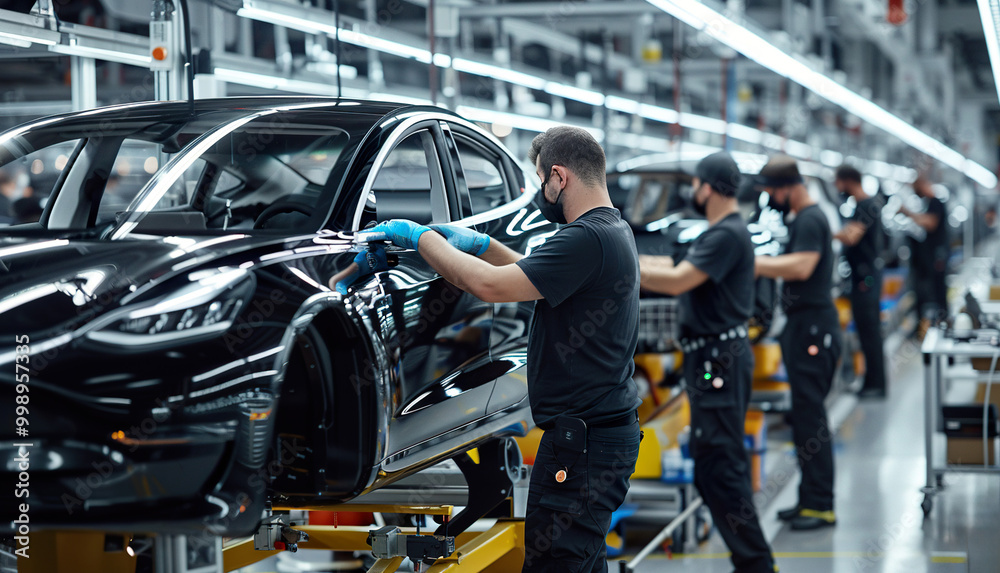 Obraz premium EV automated manufacturing factory with workers. Electric vehicle cars, modern technology, mass production, clean energy future