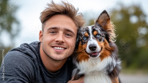 A young man beams while posing closely with his Australian shepherd, capturing the affectionate bond between a human and his beloved pet in an outdoor setting.