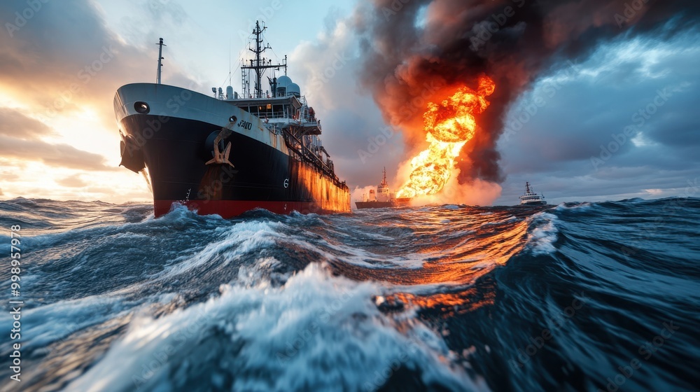 A large ship navigating turbulent waters with a massive fire in the ...