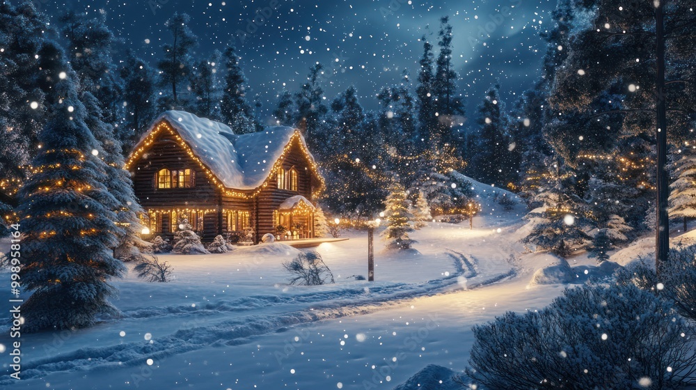 Fototapeta premium Snowy Night with a Cozy Cabin and Twinkling Lights in a Forest