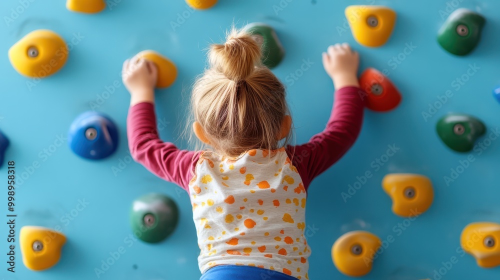 Fototapeta premium A young child is seen climbing up a bright blue wall studded with colorful climbing holds, enjoying an engaging and fun indoor climbing experience, showcasing determination.