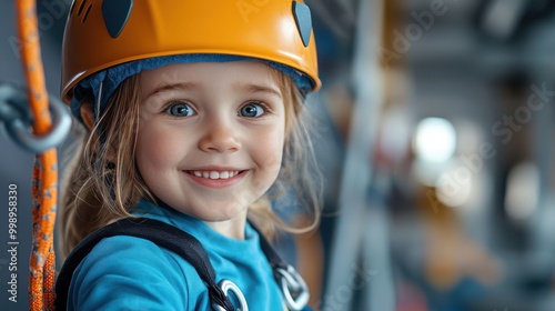 A delighted girl with blue eyes wears a helmet and climbs an indoor wall, showcasing her adventurous spirit and safety consciousness in a bright environment.