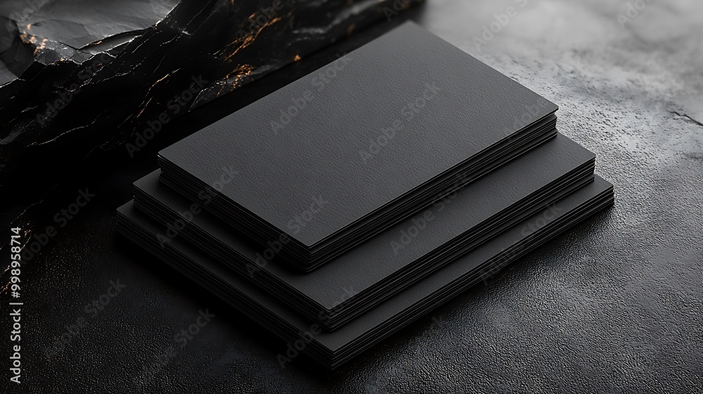 Stack of blank black business cards on a dark gray surface.