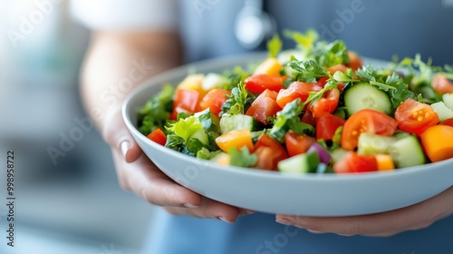 A vibrant, freshly prepared vegetable salad featuring tomatoes, cucumbers, and greens held by a person wearing a stethoscope, highlighting health and nutrition. photo