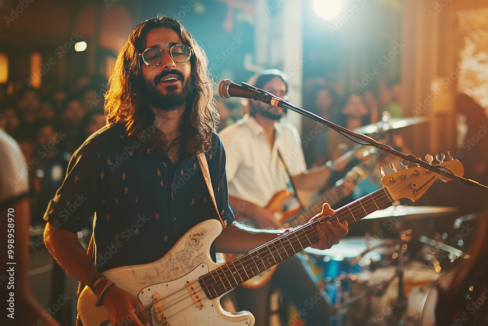 Obraz premium An Indian band performing energetically in front of lively crowd, showcasing their musical talent and passion. atmosphere is vibrant and filled with excitement