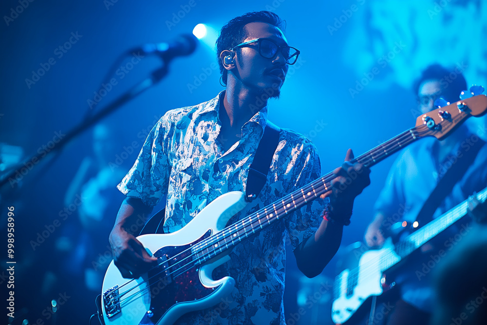 Obraz premium A talented Indonesian man playing bass guitar on stage, immersed in music and surrounded by vibrant blue lighting. His focused expression captures energy of performance