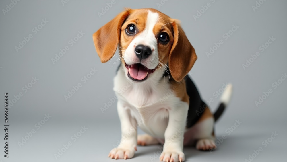 Adorable Beagle with floppy ears and surprised eyes on gray background Adorable Beagle with floppy ears and surprised eyes on gray background