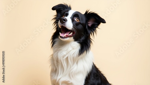 Surprised Border Collie against cream backdrop