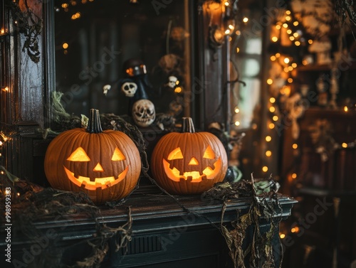 spooky pumpkins and eerie decorations in dim lighting