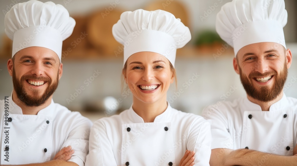 Three chefs stand side by side, wearing white attire and smiling with satisfaction in a kitchen, representing professionalism and collaborative spirit in culinary arts. Three chefs stand side by side, wearing white attire and smiling with satisfaction in a kitchen, representing professionalism and collaborative spirit in culinary arts.