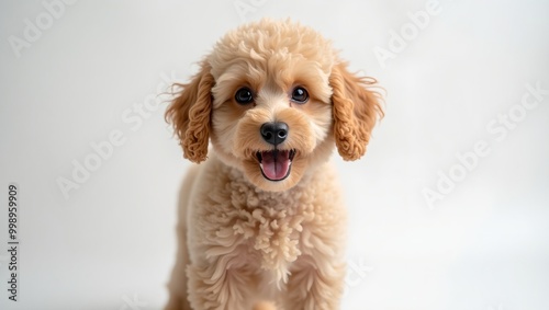 Surprised poodle with curly hair on white background