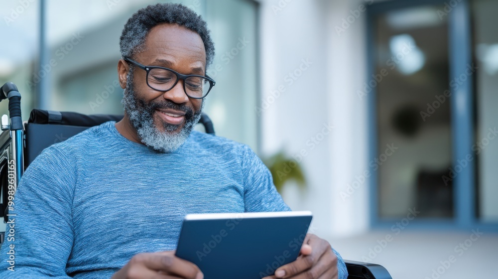 A senior man in a wheelchair is using a tablet outside a modern building, demonstrating the blend of technology and accessibility in contemporary senior lifestyles. A senior man in a wheelchair is using a tablet outside a modern building, demonstrating the blend of technology and accessibility in contemporary senior lifestyles.