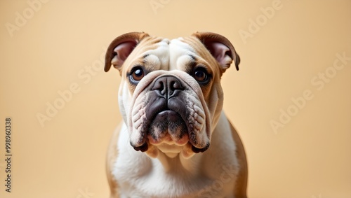 Surprised Bulldog with wrinkled face on beige background