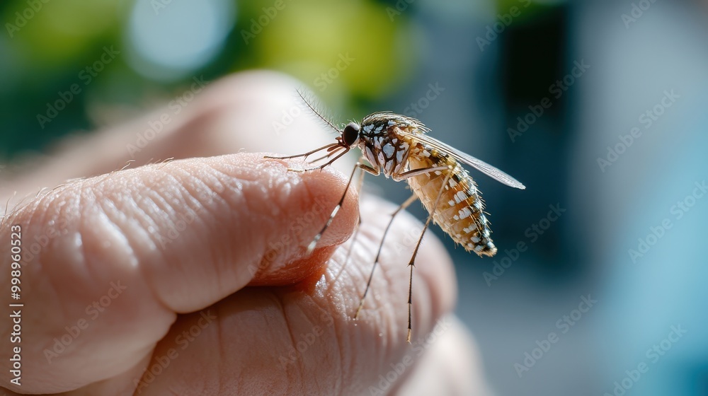 Macro photograph capturing a mosquito biting a human finger during daylight, showcasing the mosquito's detailed structure and the interaction between human and insect. Macro photograph capturing a mosquito biting a human finger during daylight, showcasing the mosquito's detailed structure and the interaction between human and insect.