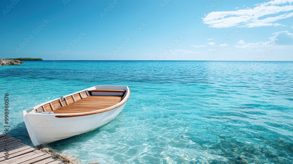 A tranquil scene of a white boat moored on a clear turquoise sea near a wooden dock, on a bright sunny day, emphasizing calm, leisure, and the beauty of nature. A tranquil scene of a white boat moored on a clear turquoise sea near a wooden dock, on a bright sunny day, emphasizing calm, leisure, and the beauty of nature.
