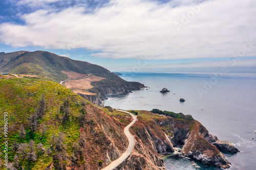 Highway 1 and Big Sur along the Pacific Ocean coast, beautiful landscape and aerial view, sunset, sunrise, fog. Concept, travel, vacation, weekend