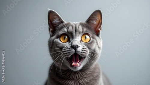 Surprised Chartreux cat with blue gray fur and amber eyes on light gray background