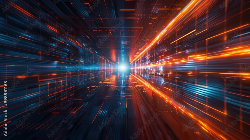 A high-speed digital tunnel featuring vibrant blue and orange light streaks, creating a dynamic and futuristic atmosphere A high-speed digital tunnel featuring vibrant blue and orange light streaks, creating a dynamic and futuristic atmosphere