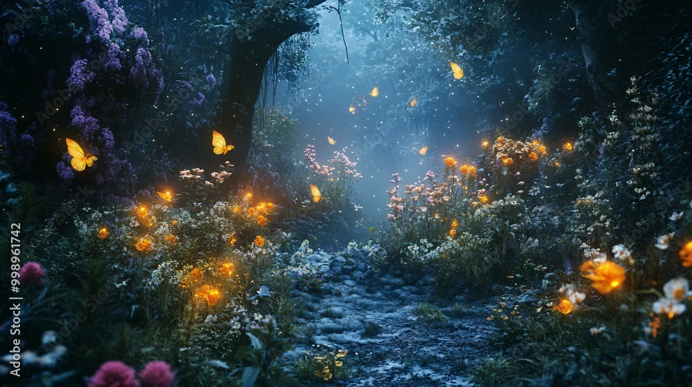 Fototapeta premium Enchanted Forest Path with Glowing Butterflies and Flowers